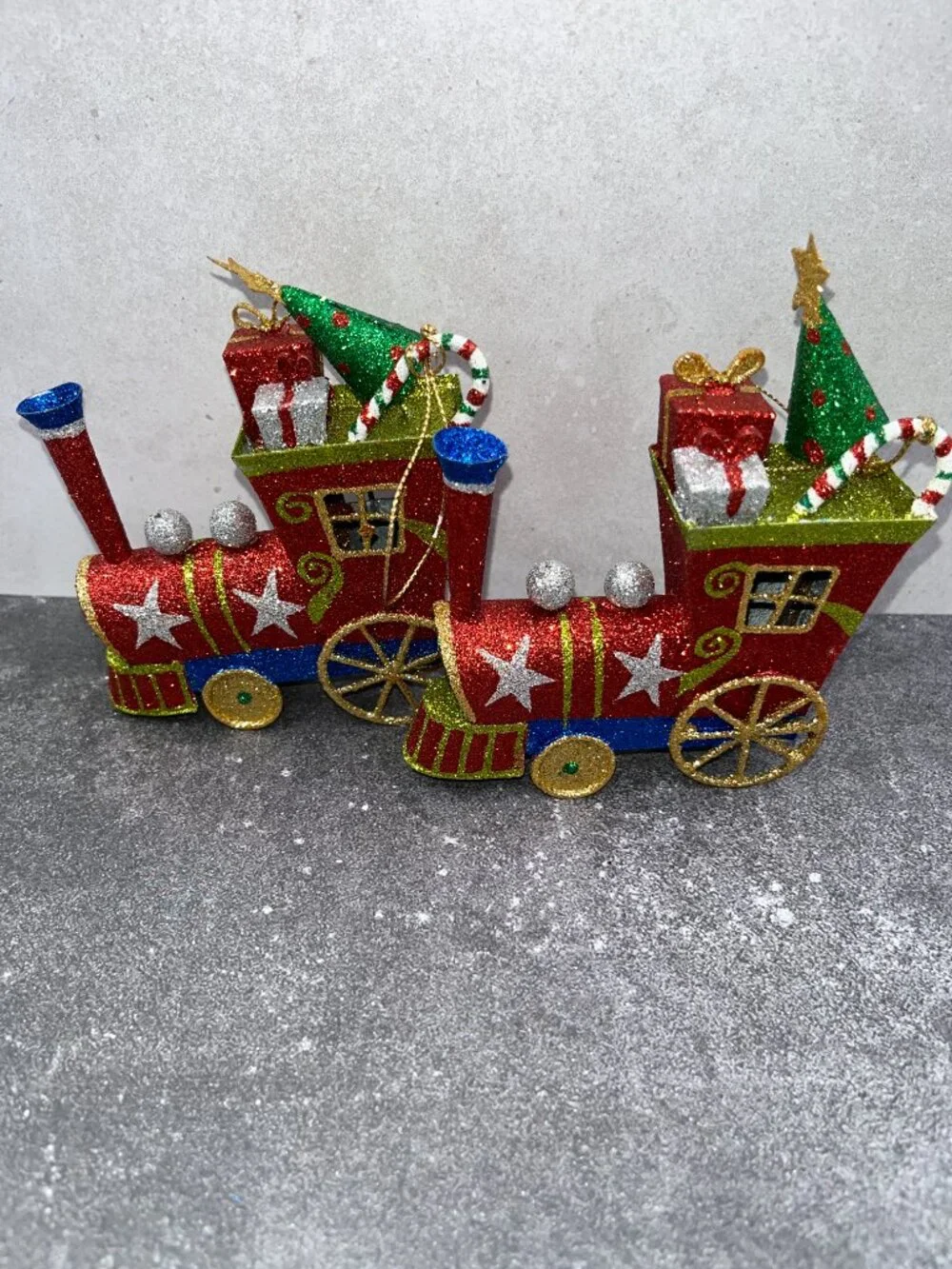 Vintage Pier One Pier 1 Metal Glitter Christmas Train Ornaments Red Green Blue